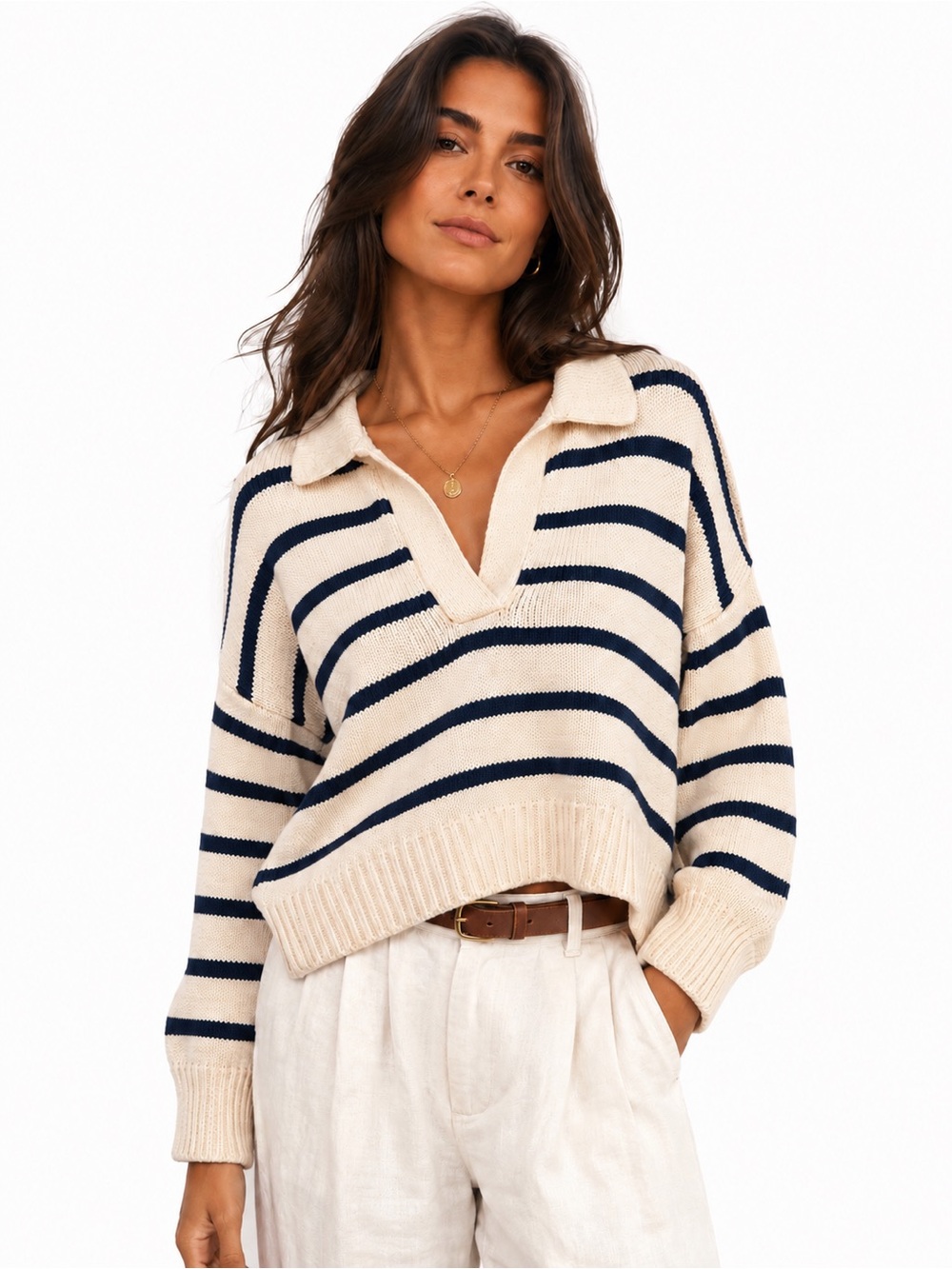Dedham Stripe Polo Sweater Cotton Blend Collared Neckline Ivory & Navy Stripes M